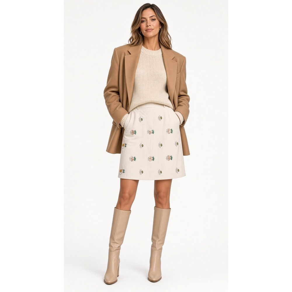Banana Republic Embellished Floral Sequin Skirt Cream White Size 10 Classic